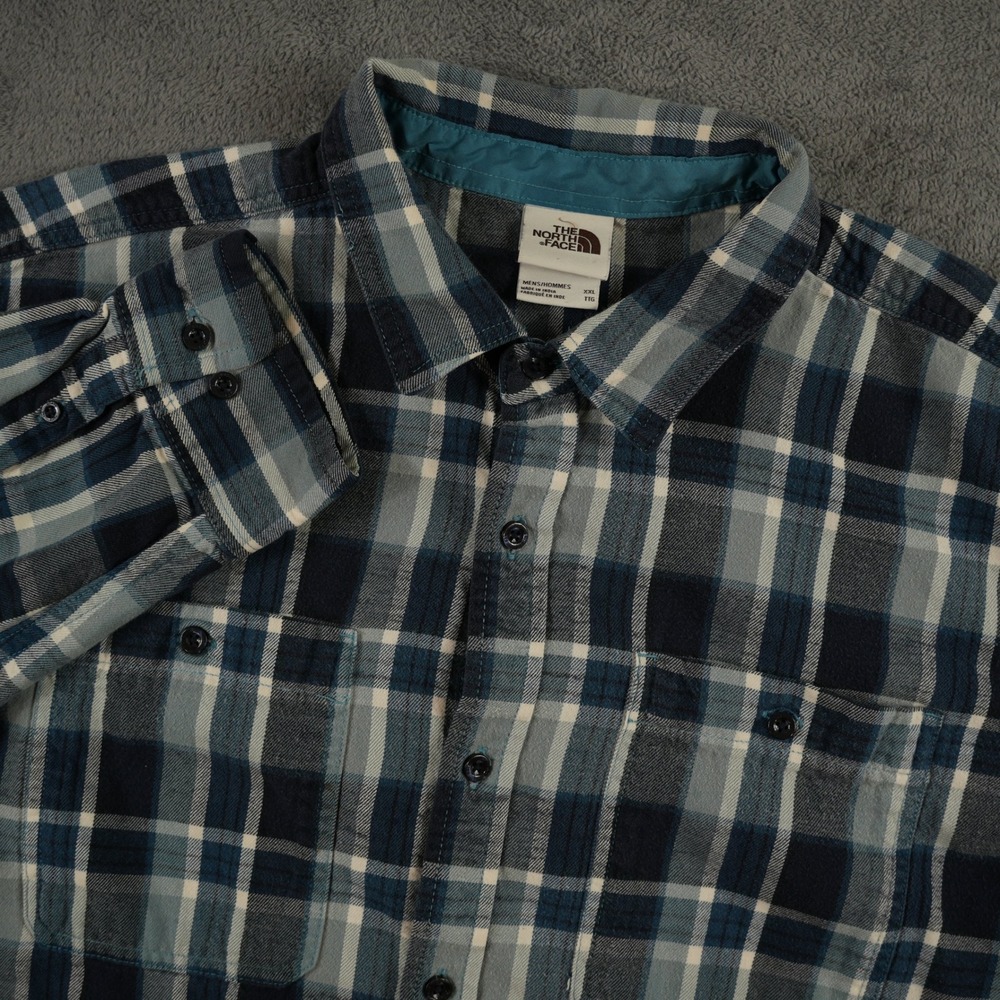 The North Face Flannel Shirt Mens XXL‎ Blue Plaid Long Sleeve Button Down